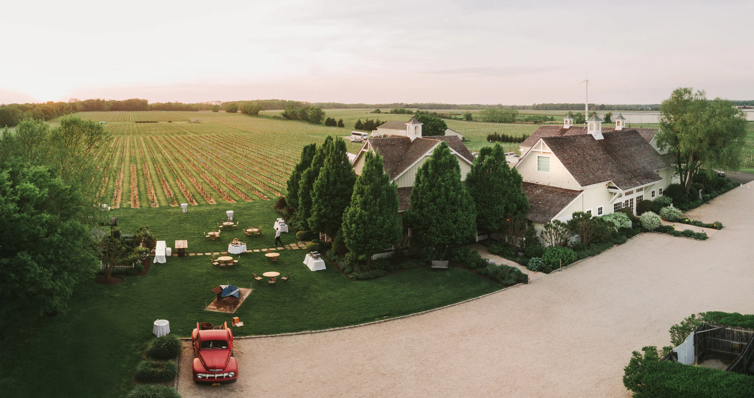 Aerial view of Bedell Cellars buildings and vineyard in Cutchogue